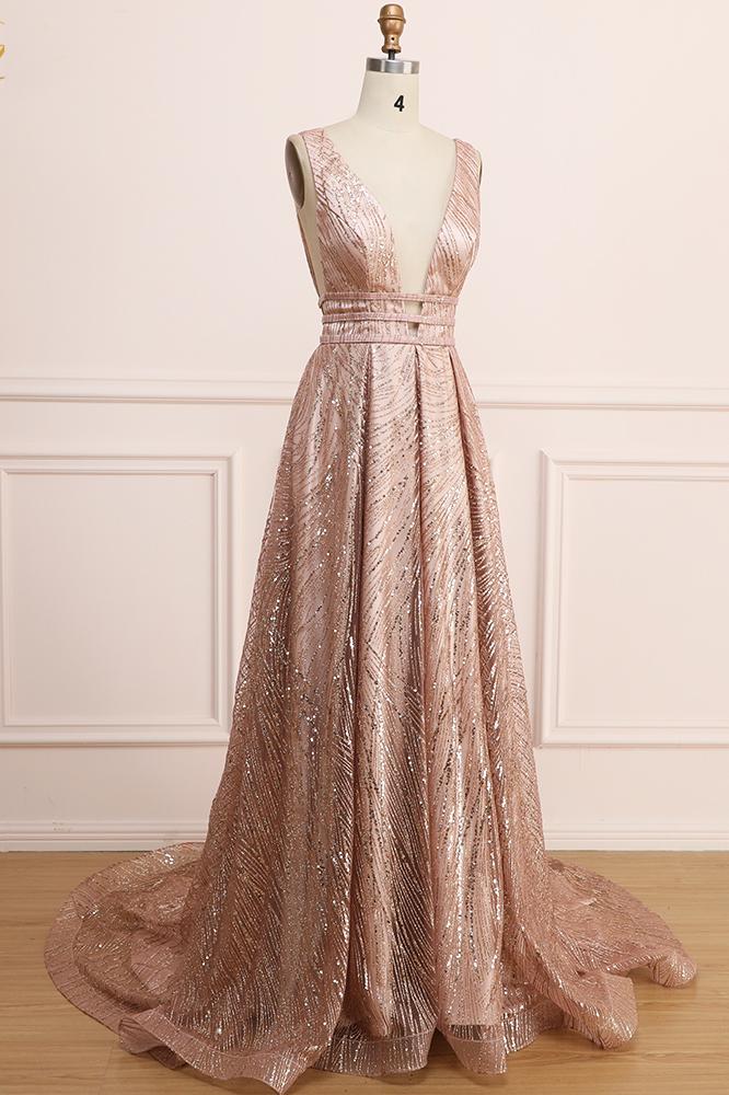 A Line Deep V Neck Long Prom Dress with Sequins, Glitter Sleeveless Evening Dress M1825