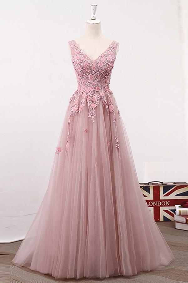 A Line V Neck Sleeveless Tulle Long Prom Dress with Flowers, Cheap Party Prom Dress M1072