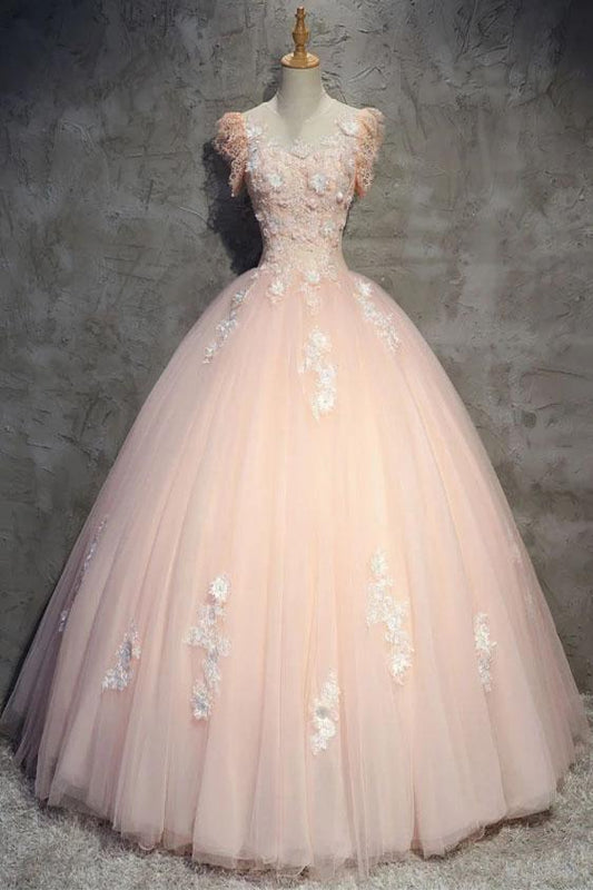 Light Peach Tulle Long Prom Dress with Flowers, Princess Ball Gown Sheer Neck Party Dress M1807