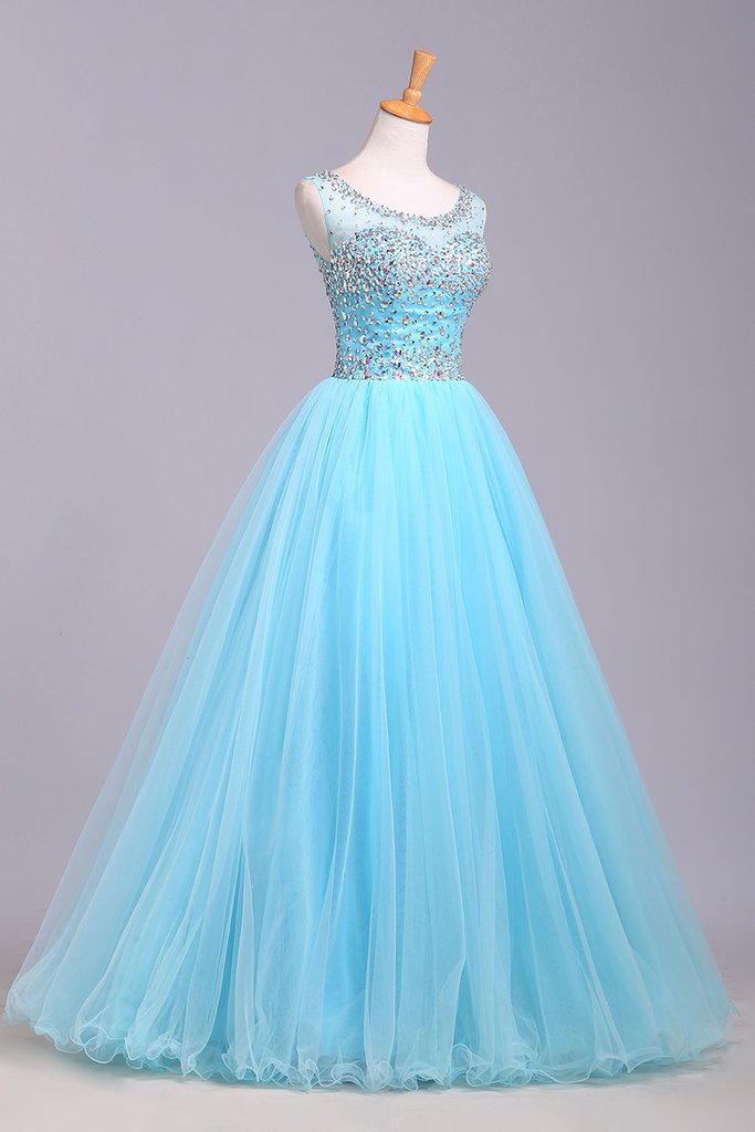 Blue Scoop Sleeveless Tulle Prom Dress with Sequins, Floor Length Puffy Evening Dress M1505