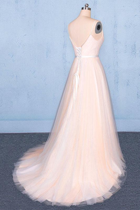 Peach V Neck Sleeveless Tulle A Line Prom Dresses, Straps Tulle Evening Dress M1848