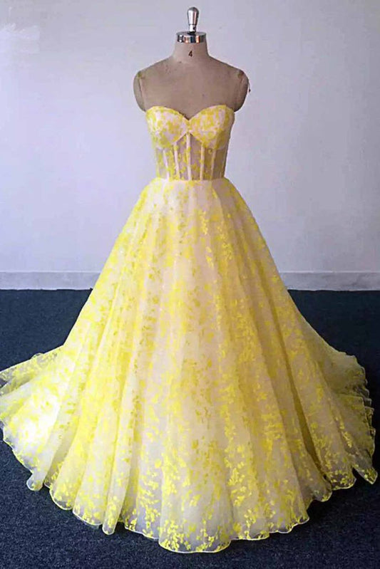 Yellow Lace Strapless Long Graduation Dress, Sweetheart Prom Dress For Teens M1625