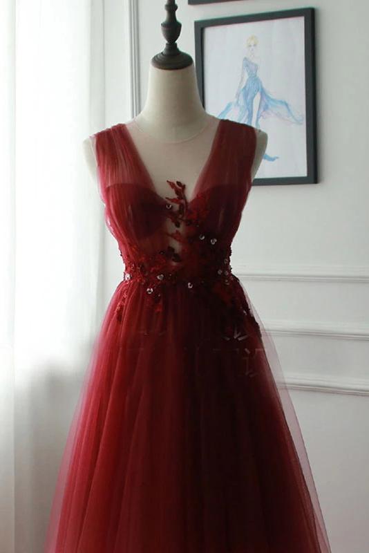 A Line V Neck Tulle Ombre Prom Dress, Cheap Appliqued Party Dresses M1880