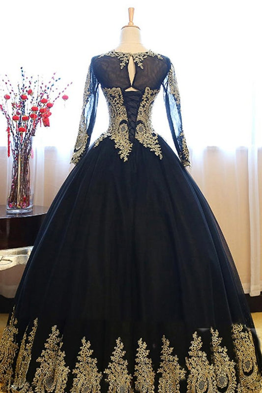 Black Ball Gown Long Sleeves Party Dress, Princess Tulle Prom Dress with Lace Appliques M1503