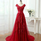 A Line Cap Sleeves Burgundy Lace Long Prom Dress with Appliques, Burgundy Formal Dress, Burgundy Evening Dress M3253