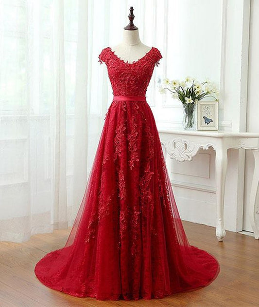 A Line Cap Sleeves Burgundy Lace Long Prom Dress with Appliques, Burgundy Formal Dress, Burgundy Evening Dress M3253