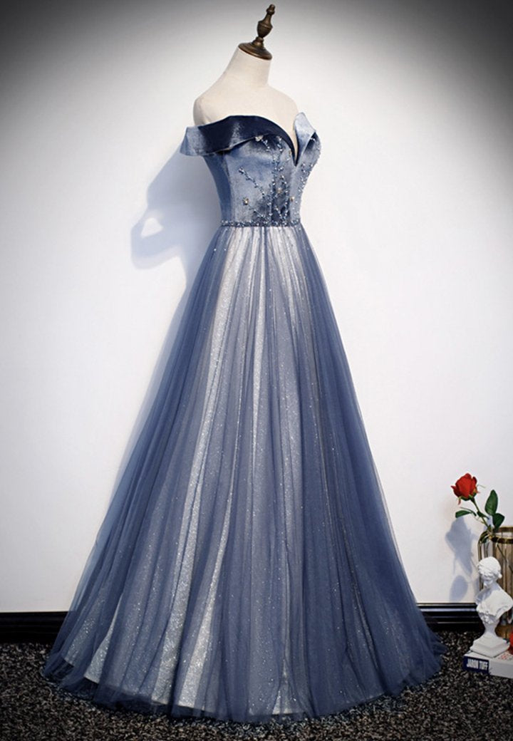 Blue velvet beads prom dress blue formal dress M845