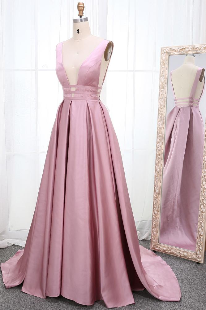 Simple V Neck Sleeveless Long Prom Dress, A Line Ruched Long Evening Dresses M1826