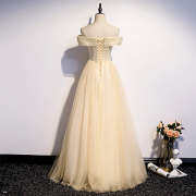 Off the Shoulder Champagne Long Formal Dress with Beads M992
