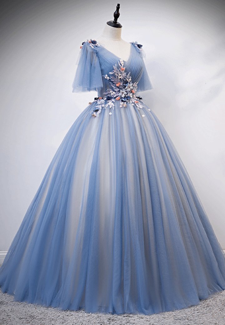 Blue tulle long ball gown dress A line evening dress  M621