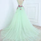 A Line Mint Green Sleeveless Tulle Formal Dress with Appliques, Long Tulle Prom Dress M1622