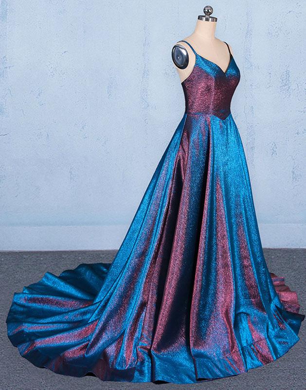 A Line V Neck Sleeveless Prom Dress, Spaghetti Straps Long Evening Dresses  M1847