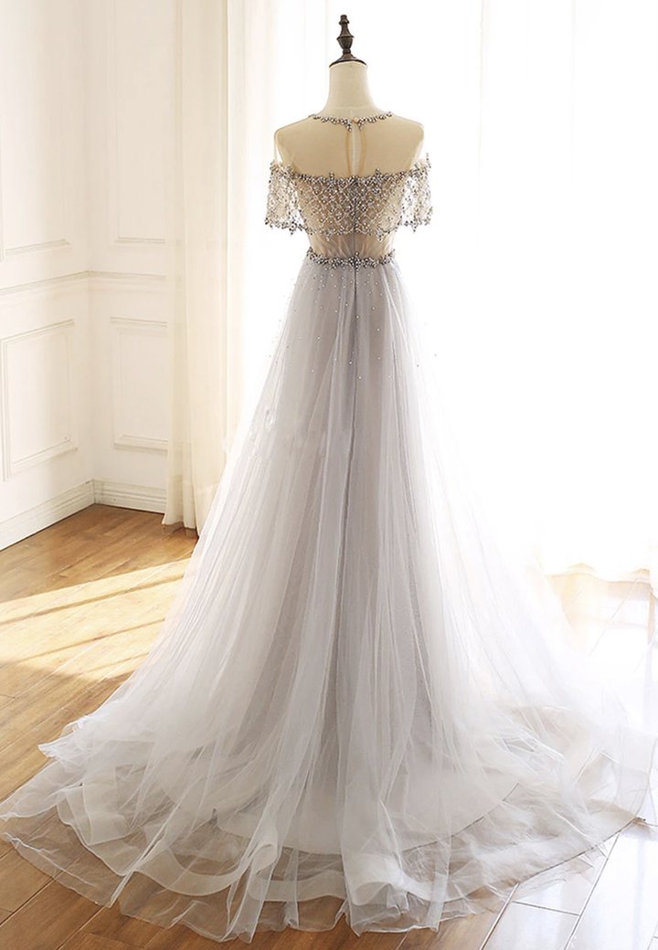 Gray tulle beads long prom dress evening dress  M646