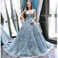 Gorgeous V-Neck Embroidery Dusty Blue Ball Gown  M1028