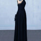 Dark Navy Blue Straps Floor Length Evening Dresses, Long Chiffon Prom Dress with Lace M1832