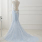 Baby Blue Sweep Train Lace Mermaid Evening Dresses, Formal Dress With Applique M1628
