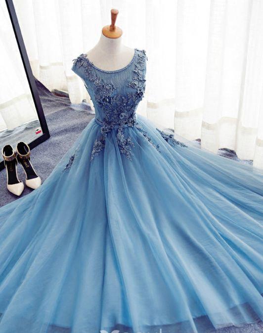 Appliques A-Line Sleeveless Ice Blue Tulle Prom Dresses Long,Evening Dresses M1042