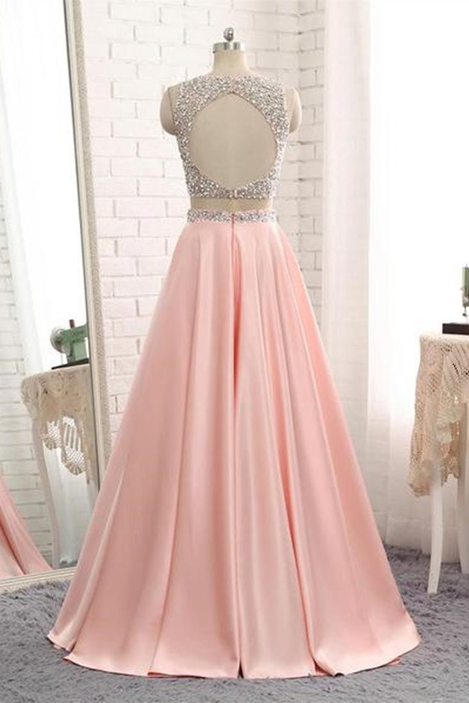 A Line Round Neck Two Pieces Beaded Pink Prom Dresses, Two Pieces Pink Formal Dresses, Pink Evening Dresses M3131