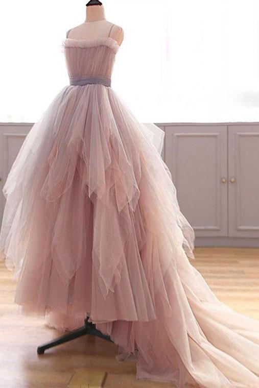 Vintage A Line Spaghetti Straps Blush Prom Dresses, Puffy Ruffles Party Dresses M1891