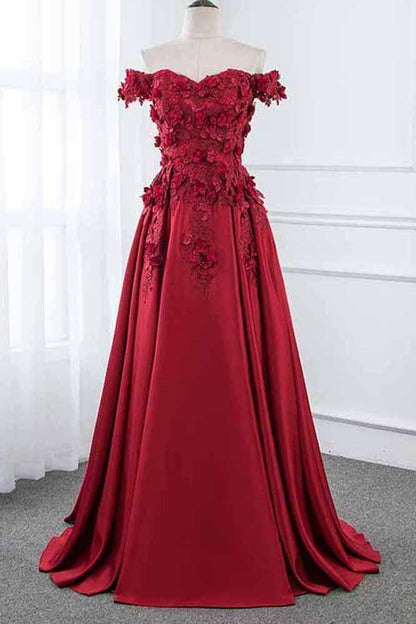 Burgundy Off the Shoulder A Line Satin Prom Dress with Lace Flowers Party Dresses M1564