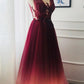 A Line V Neck Tulle Ombre Prom Dress, Cheap Appliqued Party Dresses M1880