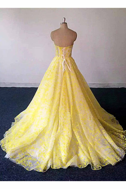 Yellow Lace Strapless Long Graduation Dress, Sweetheart Prom Dress For Teens M1625
