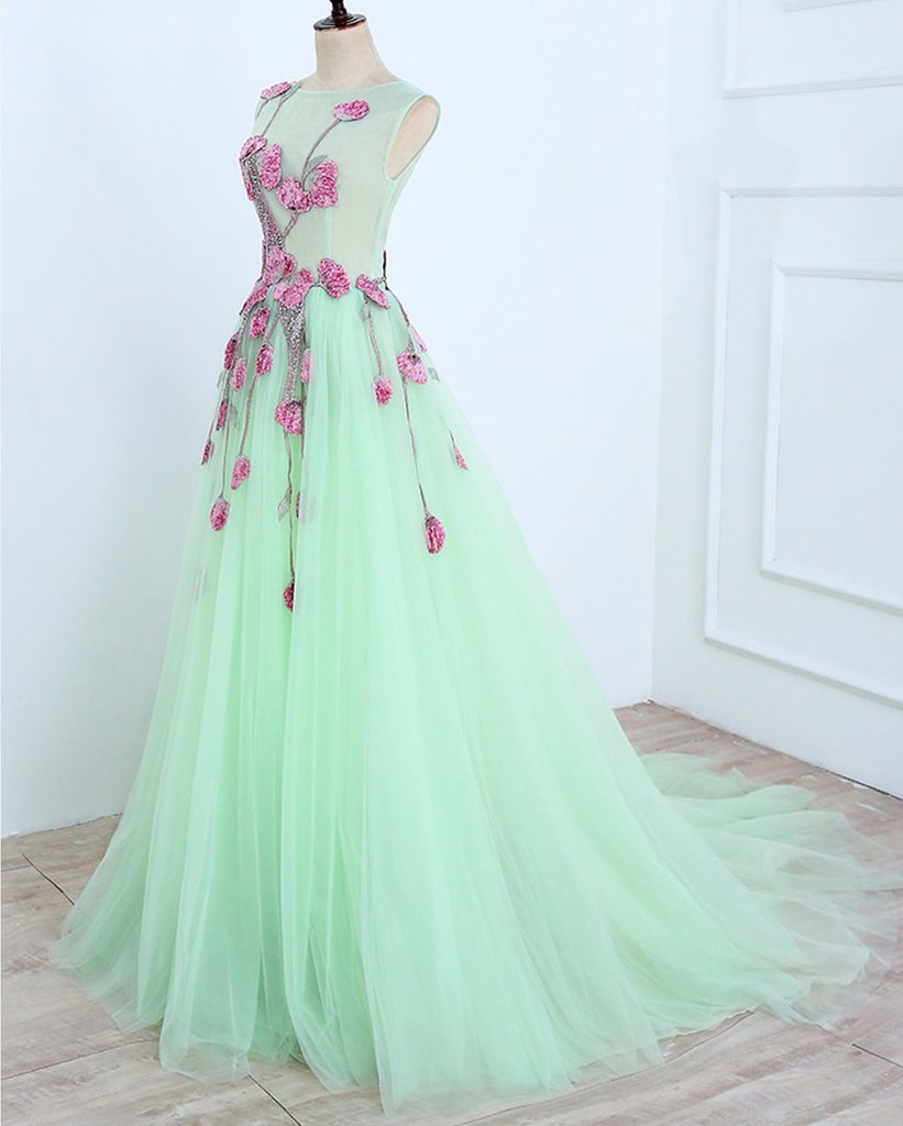 A Line Mint Green Sleeveless Tulle Formal Dress with Appliques, Long Tulle Prom Dress M1622