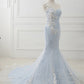 Baby Blue Sweep Train Lace Mermaid Evening Dresses, Formal Dress With Applique M1628