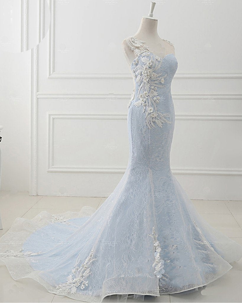 Baby Blue Sweep Train Lace Mermaid Evening Dresses, Formal Dress With Applique M1628