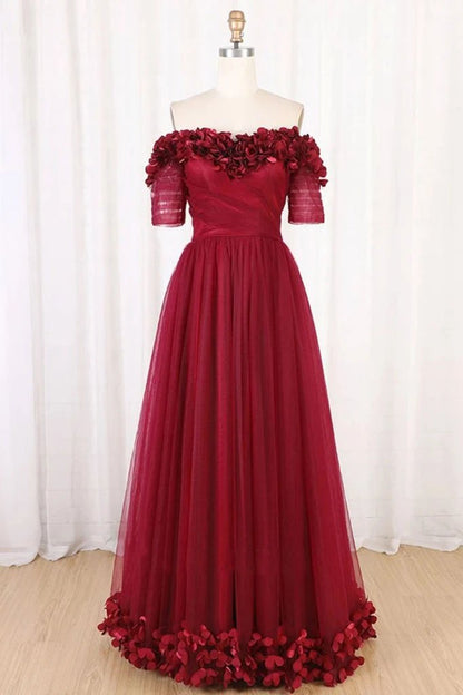 Burgundy Off Shoulder Floor Length Tulle Prom Dress with Applique, A Line Tulle Evening Dress M1960