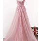 A Line V Neck Sleeveless Tulle Long Prom Dress with Flowers, Cheap Party Prom Dress M1072