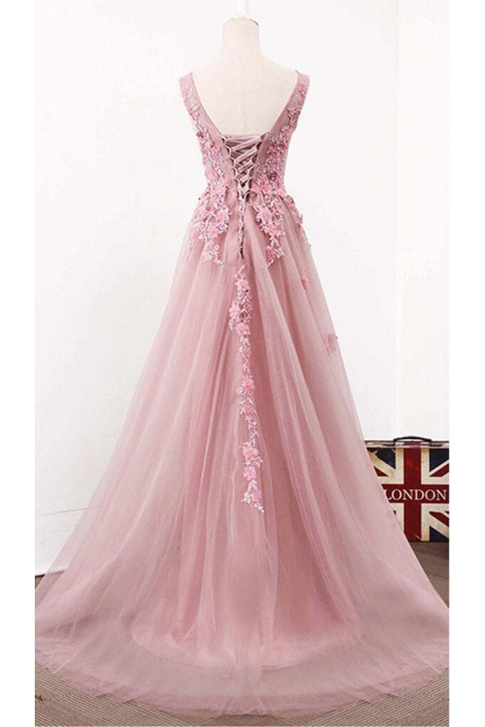 A Line V Neck Sleeveless Tulle Long Prom Dress with Flowers, Cheap Party Prom Dress M1072