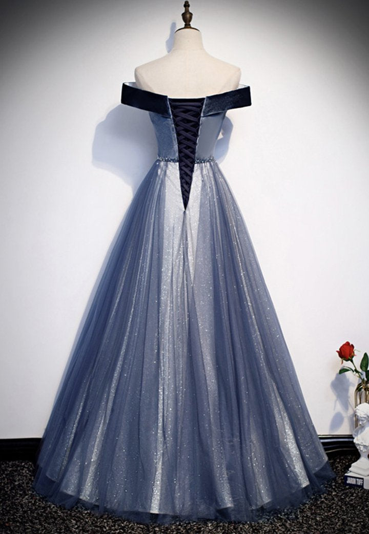Blue velvet beads prom dress blue formal dress M845