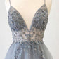 Spaghetti Straps V Neck Tulle Prom Dress with Appliques, A Line Long Formal Dress with Beads M1894