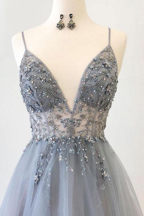 Spaghetti Straps V Neck Tulle Prom Dress with Appliques, A Line Long Formal Dress with Beads M1894