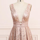 A Line Deep V Neck Long Prom Dress with Sequins, Glitter Sleeveless Evening Dress M1825