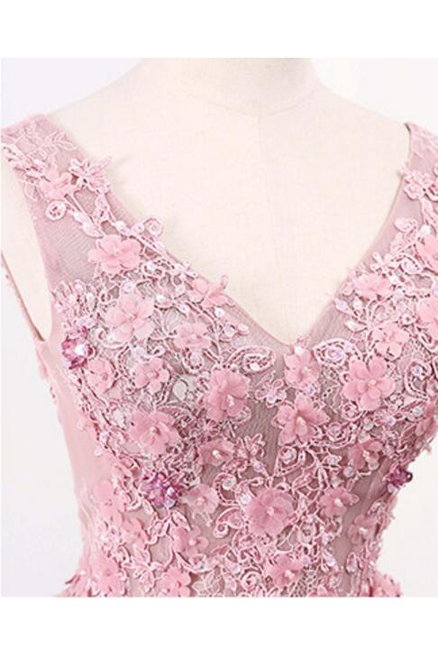 A Line V Neck Sleeveless Tulle Long Prom Dress with Flowers, Cheap Party Prom Dress M1072