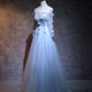 Unique tulle lace applique long prom dress, blue evening dress M4851