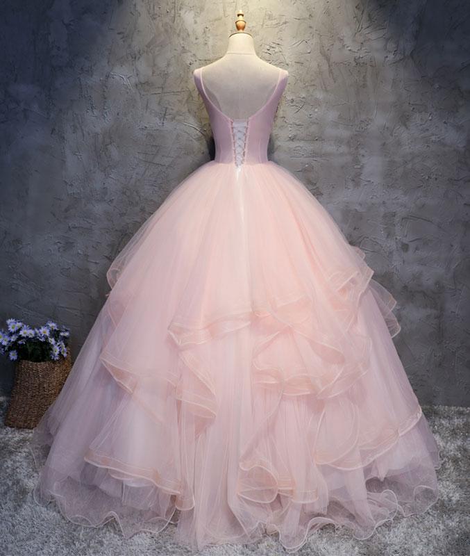 Pink round neck tulle lace applique long prom dress, pink evening dress M4834