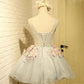 Cute round neck gray tulle lace applique short prom dresses M4872