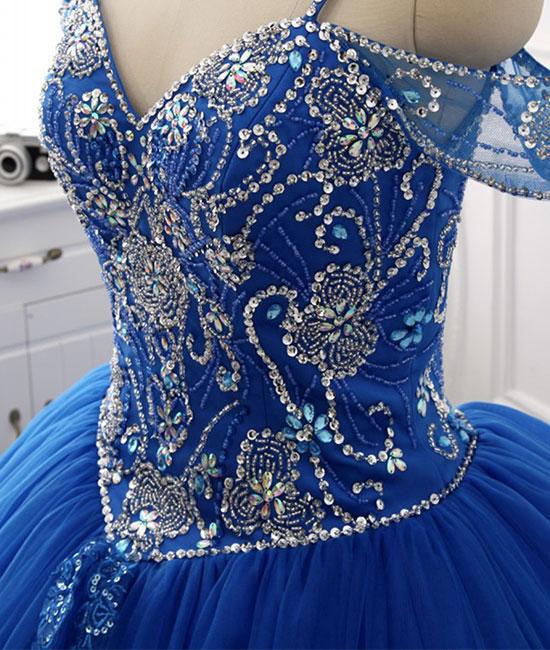 Blue sweetheart beads sequin long prom gown, blue evening dress M4807