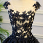 Black round neck satin long prom gown, black evening dress M4819
