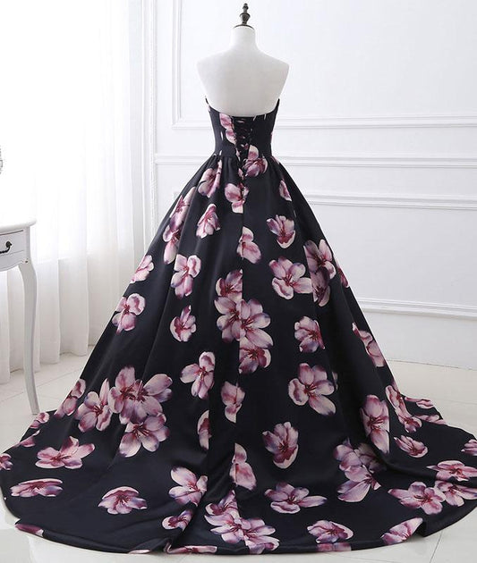 Black sweetheart neck satin long prom dress, black evening dress M4830