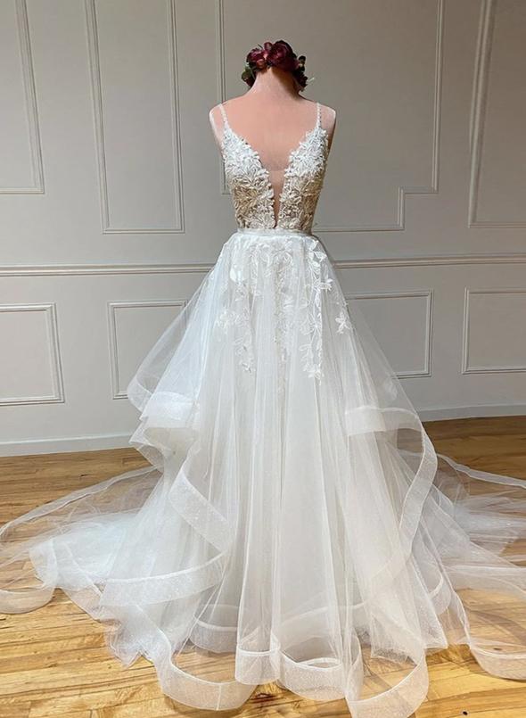 White v neck tulle lace prom dress evening dress M2308
