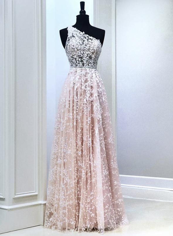 Pink lace long prom dress one shoulder evening dress M2243