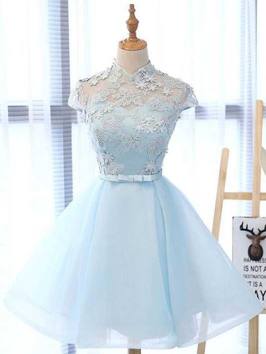 High Neck Short Blue Lace Prom Dresses, Short Blue Lace Graduation Homecoming Dresses M2482