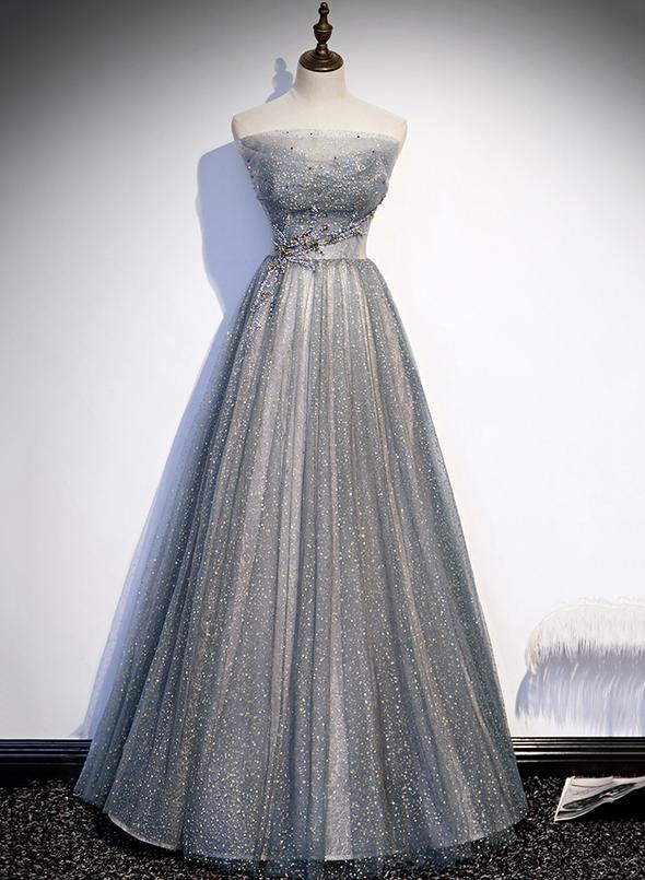 Gray tulle beads long prom dress evening dress M2258