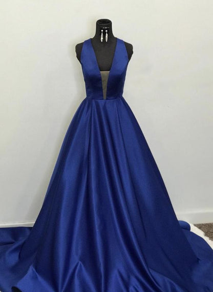 Blue v neck satin long prom dress blue evening dress M2262