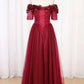 Burgundy Off Shoulder Floor Length Tulle Prom Dress with Applique, A Line Tulle Evening Dress M1960