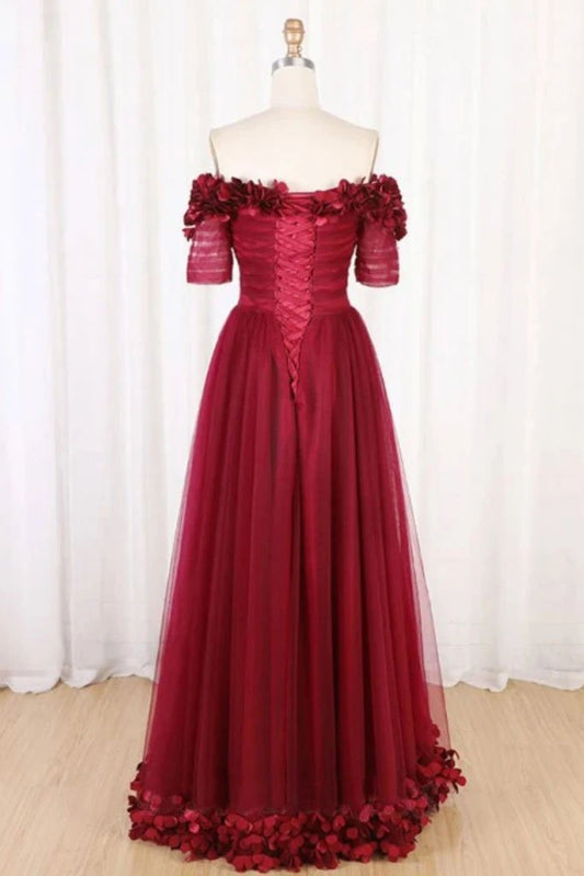 Burgundy Off Shoulder Floor Length Tulle Prom Dress with Applique, A Line Tulle Evening Dress M1960